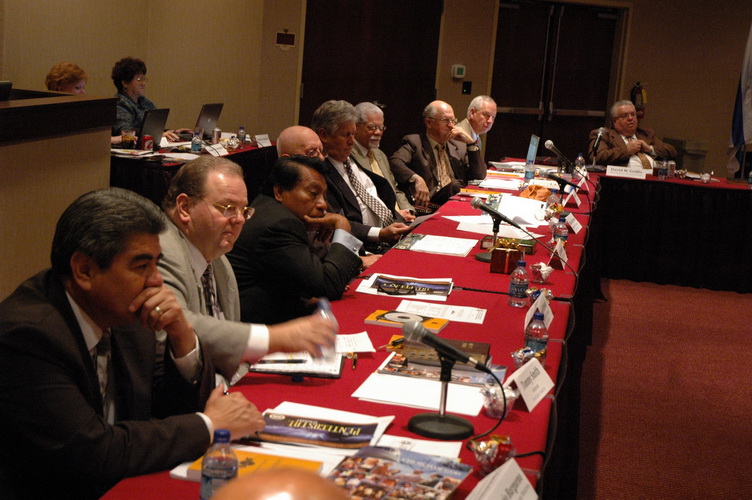 Meeting with the International Council were (l-r) Fidencio Burgueno, Tommy Smith, Jacob Nahuway, R.H. Roberts, Anton van Deventer, Victor Pagan, Douglas LeRoy, Ken Bell and David Griffis.
