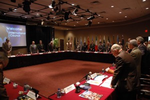 Assistant World Missions Director Victor Pagan, second from right, leads the International Council in an opening prayer.