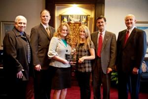 wacker-web Photo: (left to right): DeLaLuz, Craig Fitzpatrick, chief financial officer for Wacker Chemical Corporation, Jude, VanDer Wilp, Dr. Paul Conn, president of Lee University, and Thomas Degnan, vice president for human resources and site services.
