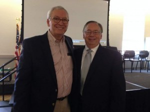 Dr. Larry Hess, right, is congratulated by Leith Anderson, president of the National Association of Evangelicals.