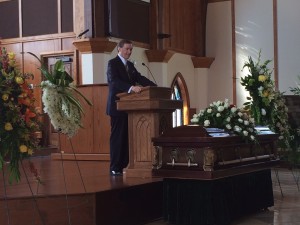 General Overseer Mark Williams delivers the eulogy of former General Overseer Raymond Crowley at the Lee University Chapel (click photo to enlarge)